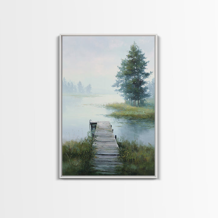 Quiet Lake Dock at Early Morning Framed Canvas Print, Bed and Breakfast Art, Canvas Wall Art, Living Room Decor, Fine Art, BAB-2x3-78
