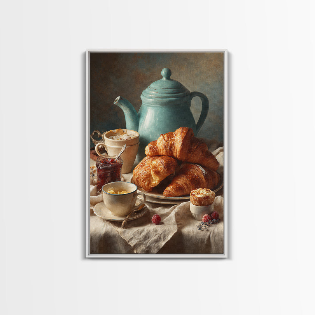 Fresh Croissants and Jam on a Linen Canvas Print, Bed and Breakfast Art, Abstract Art, Living Room Decor, Coffee Art, BAB-2x3-82