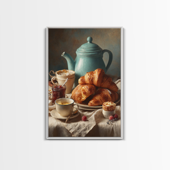 Fresh Croissants and Jam on a Linen Canvas Print, Bed and Breakfast Art, Abstract Art, Living Room Decor, Coffee Art, BAB-2x3-82