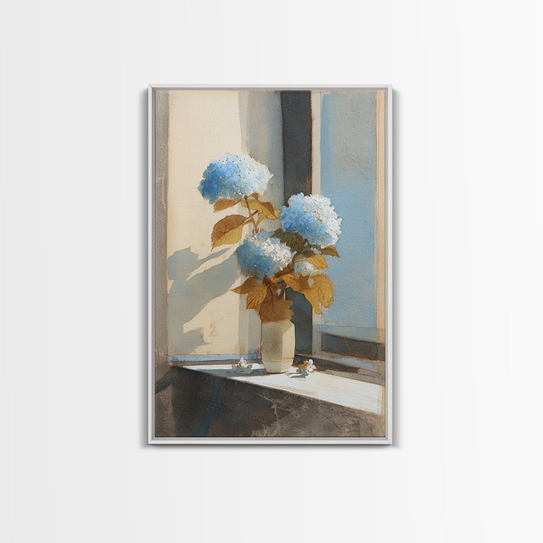 Sunlit Hydrangeas on a Windowsill Framed Canvas Print, Bed and Breakfast Art, Wood Wall Art, Living Room Decor, Fine Art, BAB-2x3-90