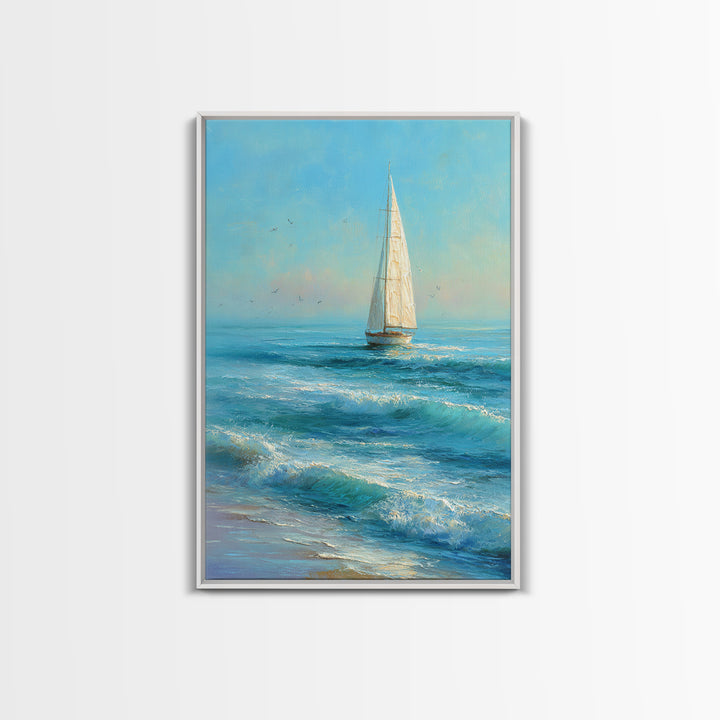 Coastal Inn Sailboat at Sunrise Framed Canvas Print, Bed and Breakfast Art, Bedroom Wall Art, Living Room Decor, Fine Art, BAB-2x3-97