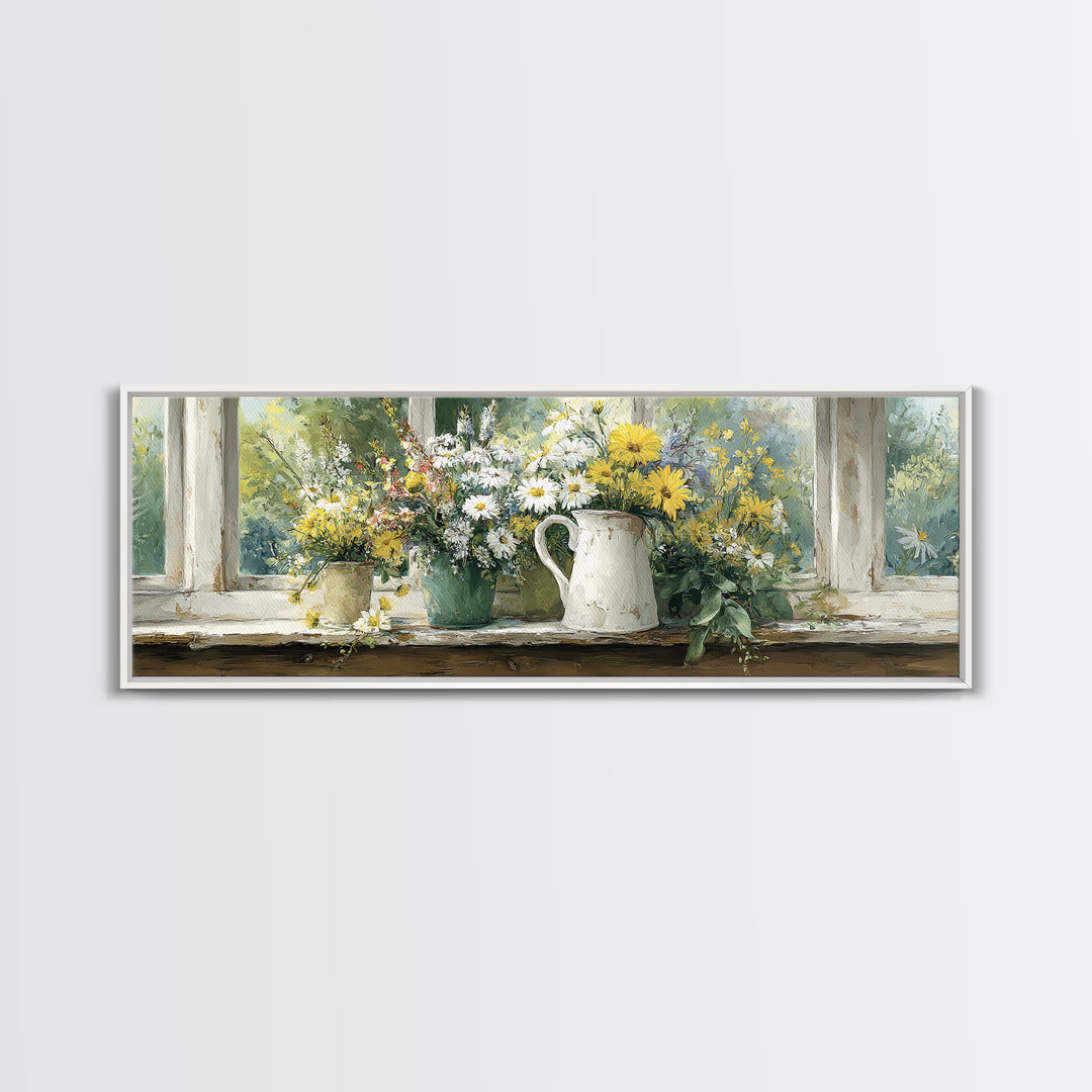 Country Wildflowers in a Chipped Ceramic Pitcher Canvas Print, Bed and Breakfast Art, Trendy Wall Art, Living Room Decor, BAB-3x1-17