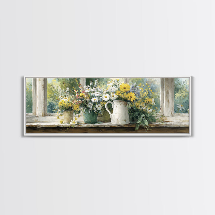 Country Wildflowers in a Chipped Ceramic Pitcher Canvas Print, Bed and Breakfast Art, Trendy Wall Art, Living Room Decor, BAB-3x1-17