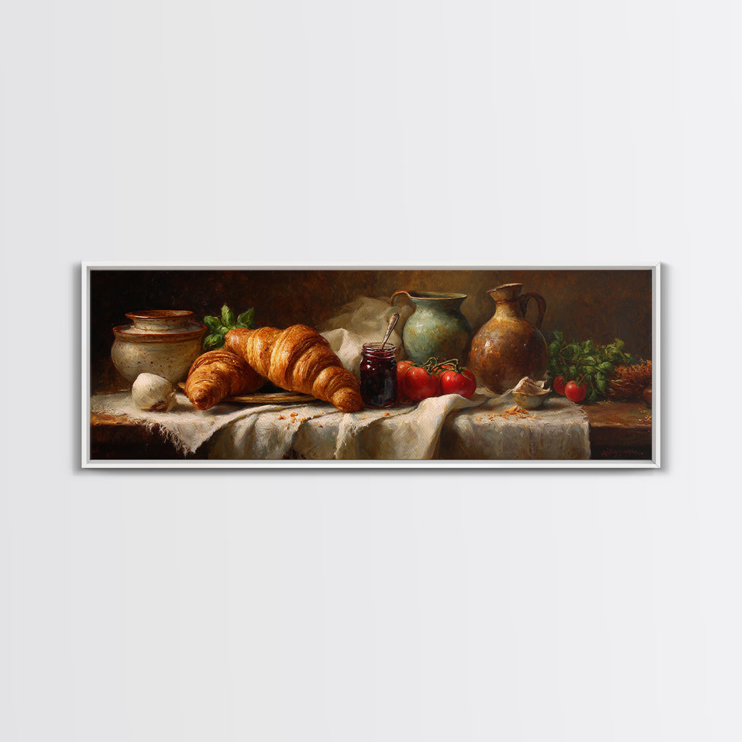 Fresh Croissants and Jam on a Linen Framed Canvas Print, Bed and Breakfast Art, Printable Art, Living Room Decor, Abstract Art, BAB-3x1-18