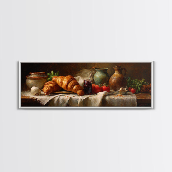 Fresh Croissants and Jam on a Linen Framed Canvas Print, Bed and Breakfast Art, Printable Art, Living Room Decor, Abstract Art, BAB-3x1-18