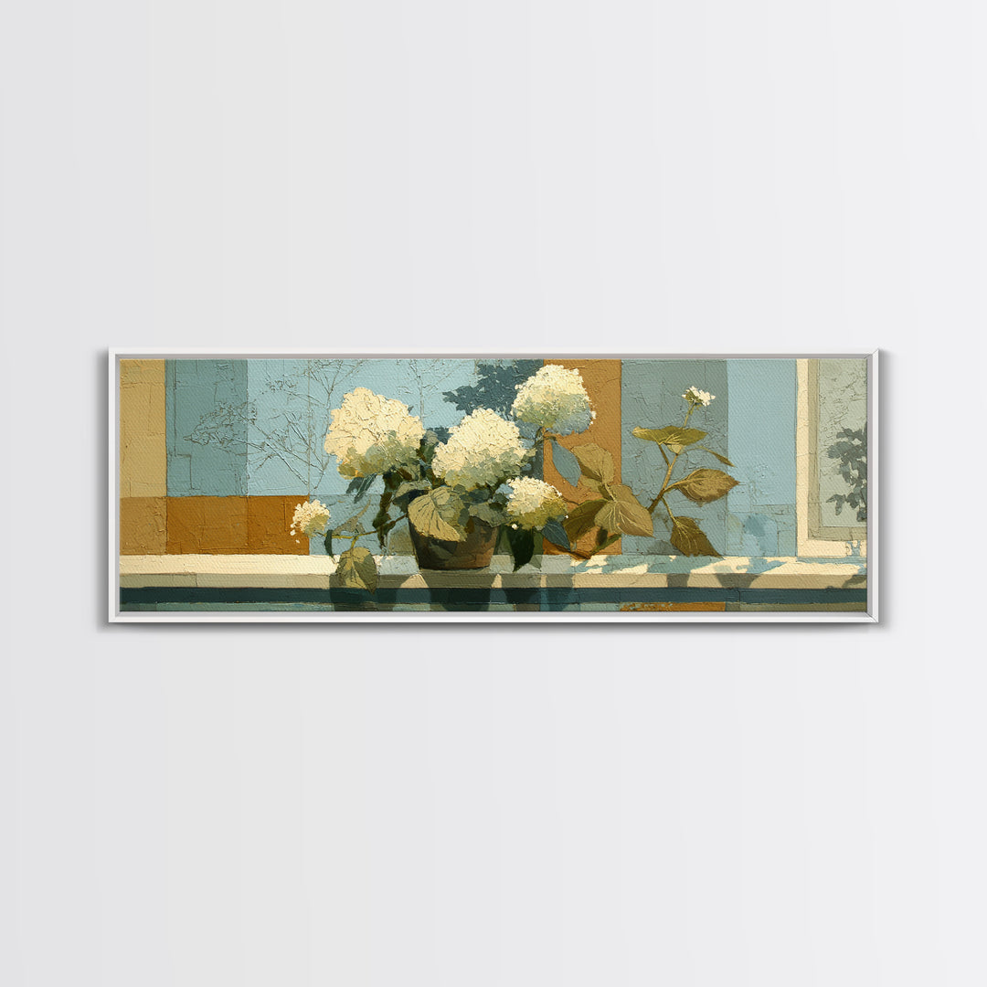 Sunlit Hydrangeas on a Windowsill Framed Canvas Print, Bed and Breakfast Art, Canvas Wall Art, Living Room Decor, Fine Art, BAB-3x1-2