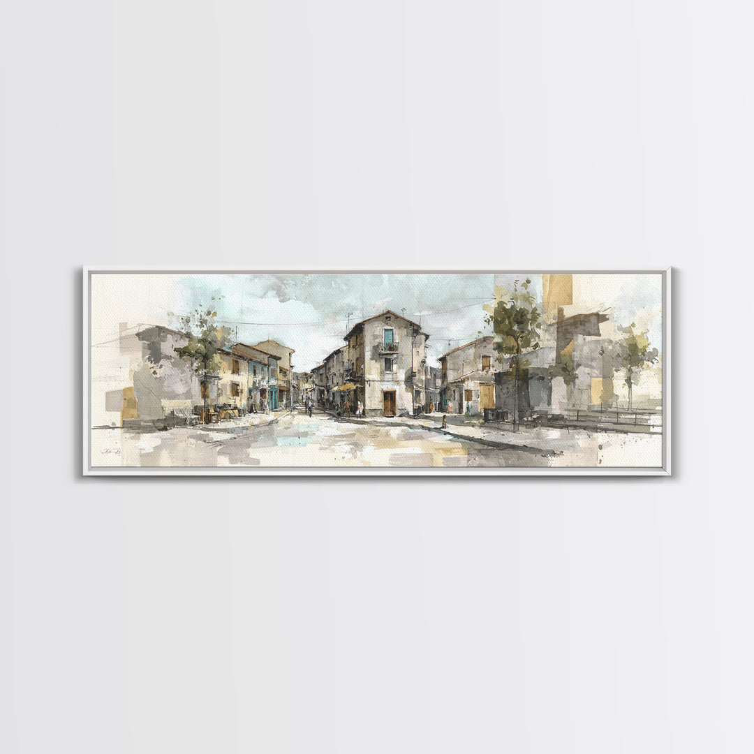 Soft Watercolor Village Street at Dawn Canvas Print, Bed and Breakfast Art, Farmhouse Wall Art, Living Room Decor, Fine Art, BAB-3x1-21