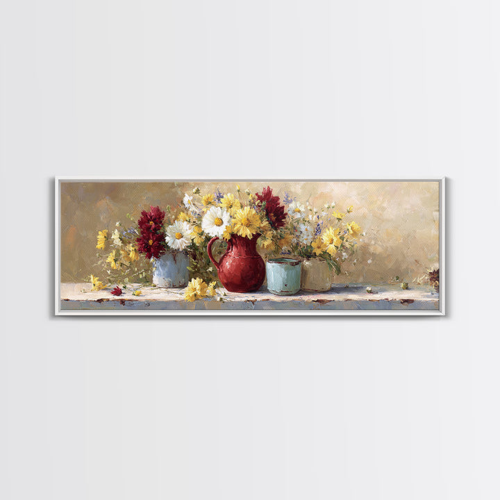 Country Wildflowers in a Chipped Ceramic Pitcher Canvas Print, Bed and Breakfast Art, Rustic Home Decor, Living Room Decor, BAB-3x1-41