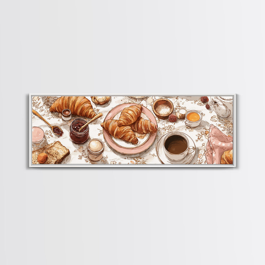 Fresh Croissants and Jam on a Linen Canvas Print, Bed and Breakfast Art, Bedroom Wall Art, Living Room Decor, Abstract Art, BAB-3x1-42