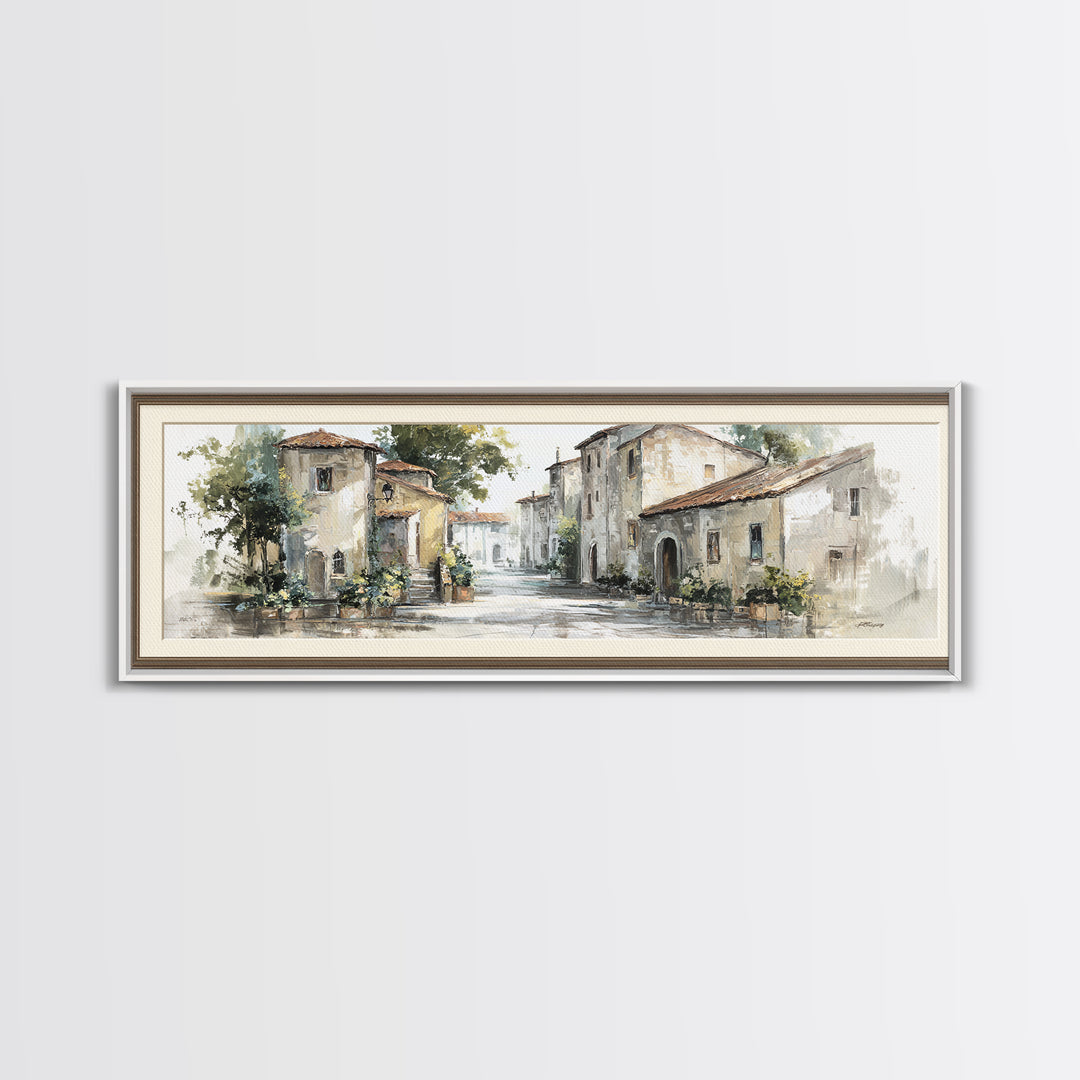 Soft Watercolor Village Street at Dawn Canvas Print, Bed and Breakfast Art, Farmhouse Wall Art, Living Room Decor, Fine Art, BAB-3x1-45