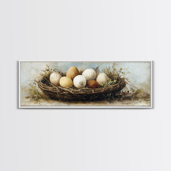 Fresh Eggs in a Woven Basket with Canvas Print, Bed and Breakfast Art, Bedroom Wall Decor, Living Room Decor, Fine Art, BAB-3x1-46