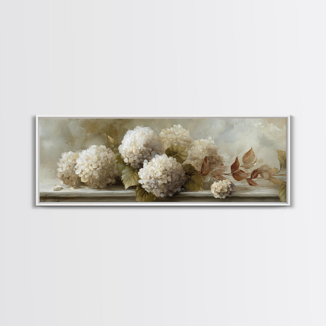 Sunlit Hydrangeas on a Windowsill Canvas Print, Bed and Breakfast Art, Living Room Decor, Watercolor Art, Folk Art, BAB-3x1-50