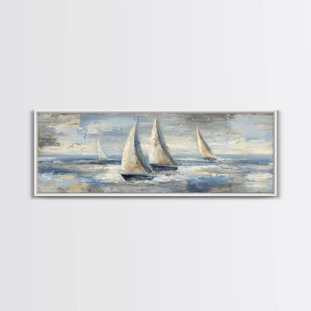 Coastal Inn Sailboat at Sunrise Framed Canvas Print, Bed and Breakfast Art, Folk Art, Living Room Decor, Fine Art, BAB-3x1-57
