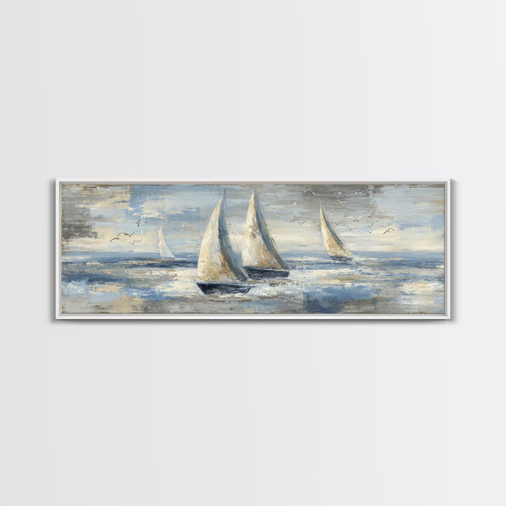 Coastal Inn Sailboat at Sunrise Framed Canvas Print, Bed and Breakfast Art, Folk Art, Living Room Decor, Fine Art, BAB-3x1-57