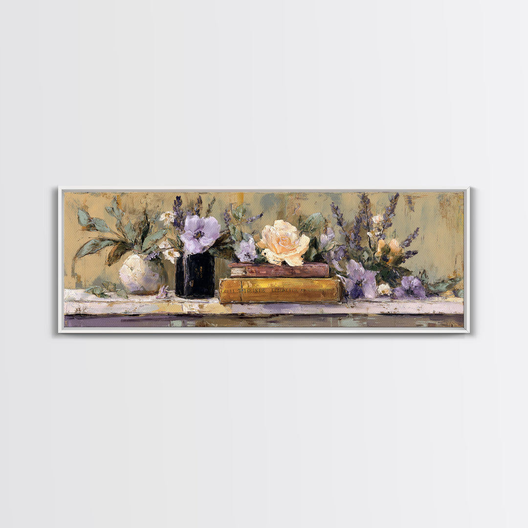 Warm Fireplace Still Life Framed Canvas Print, Bed and Breakfast Art, Bed, Living Room Decor, Oil Painting, Rustic Home Decor, BAB-3x1-58