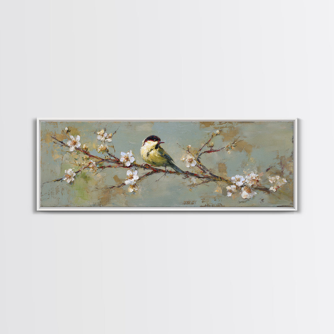 Small Bird on a Flowering Branch Canvas Print, Bed and Breakfast Art, Farmhouse Wall Art, Living Room Decor, Fine Art, BAB-3x1-6
