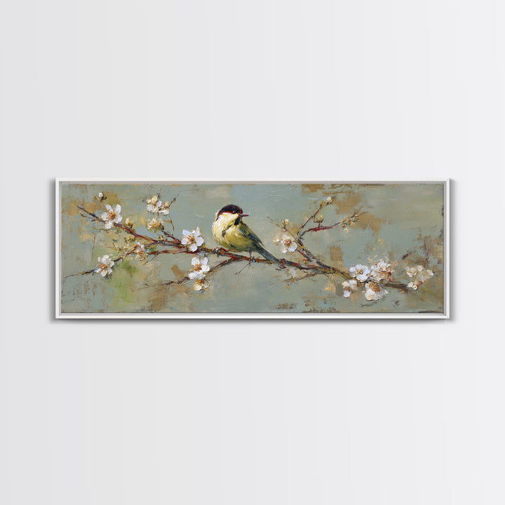 Small Bird on a Flowering Branch Canvas Print, Bed and Breakfast Art, Farmhouse Wall Art, Living Room Decor, Fine Art, BAB-3x1-6