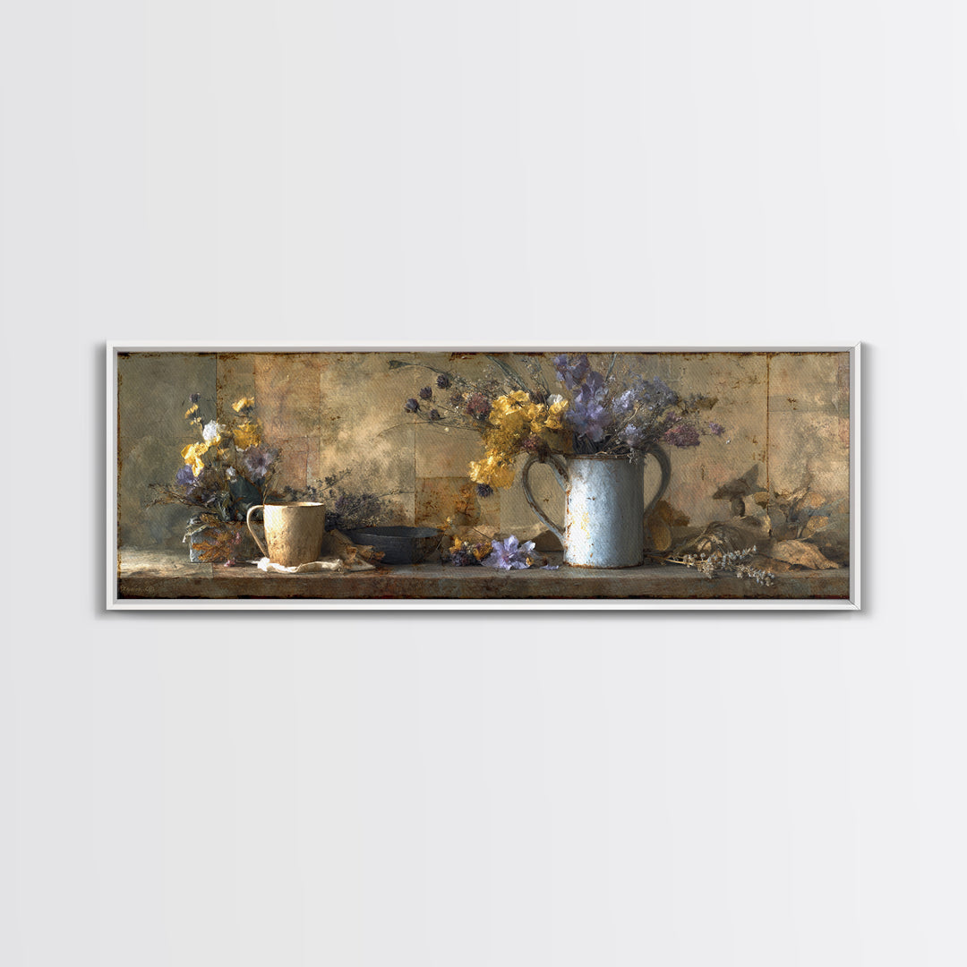 Country Wildflowers in a Chipped Ceramic Pitcher Canvas Print, Bed and Breakfast Art, Rustic Home Decor, Living Room Decor, BAB-3x1-65