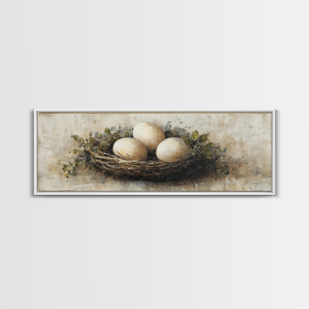Fresh Eggs in a Woven Basket with Canvas Print, Bed and Breakfast Art, Wall Art, Living Room Decor, Oil Painting, BAB-3x1-70