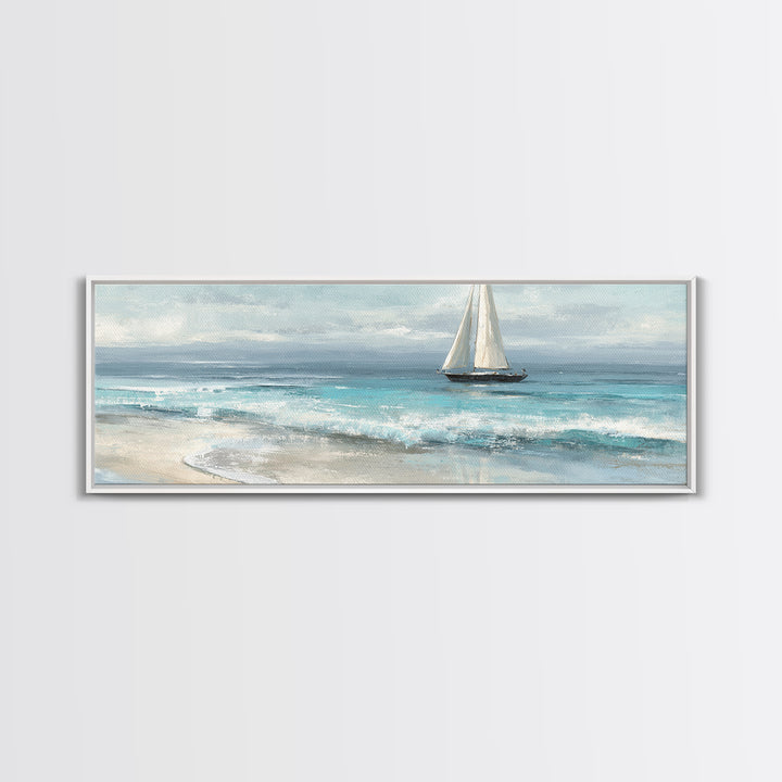 Coastal Inn Sailboat at Sunrise Framed Canvas Print, Bed and Breakfast Art, Folk Art, Living Room Decor, Fine Art, BAB-3x1-81