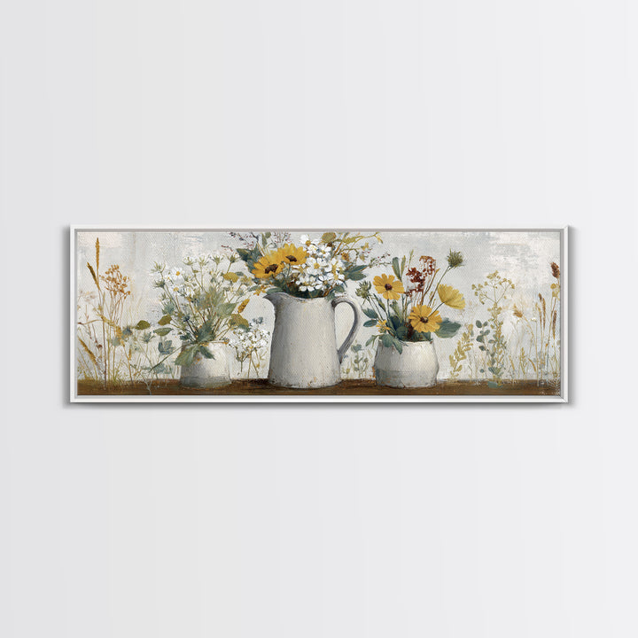 Country Wildflowers in a Chipped Ceramic Pitcher Canvas Print, Bed and Breakfast Art, Boho Decor, Living Room Decor, BAB-3x1-89