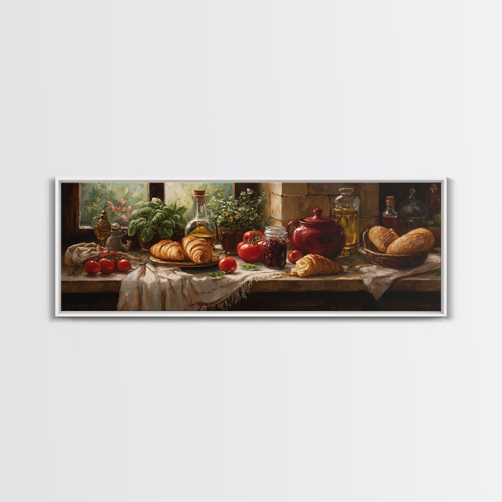 Fresh Croissants and Jam on a Linen Canvas Print, Bed and Breakfast Art, Farmhouse Wall Art, Living Room Decor, BAB-3x1-90