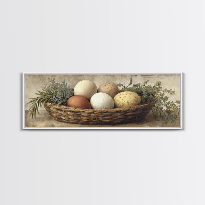 Fresh Eggs in a Woven Basket with Canvas Print, Bed and Breakfast Art, Coffee Art, Living Room Decor, Watercolor Art, BAB-3x1-94