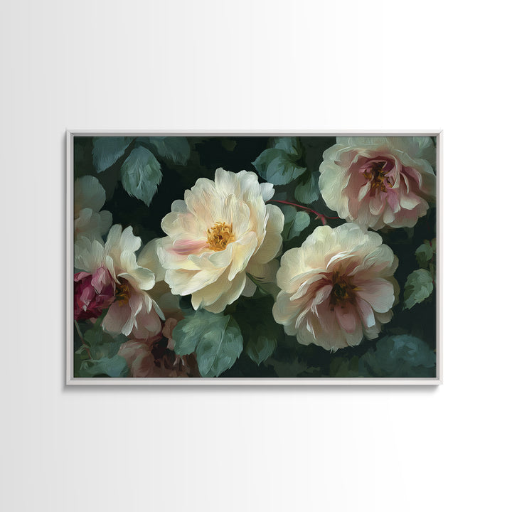 Garden Roses in Romantic Oil Paint Canvas Print, Bed and Breakfast Art, Bedroom Wall Decor, Living Room Decor, Fine Art, BAB-3x2-1
