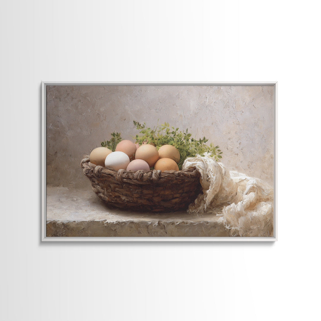Fresh Eggs in a Woven Basket with Framed Canvas Print, Bed and Breakfast Art, Bed, Living Room Decor, Fine Art, BAB-3x2-10