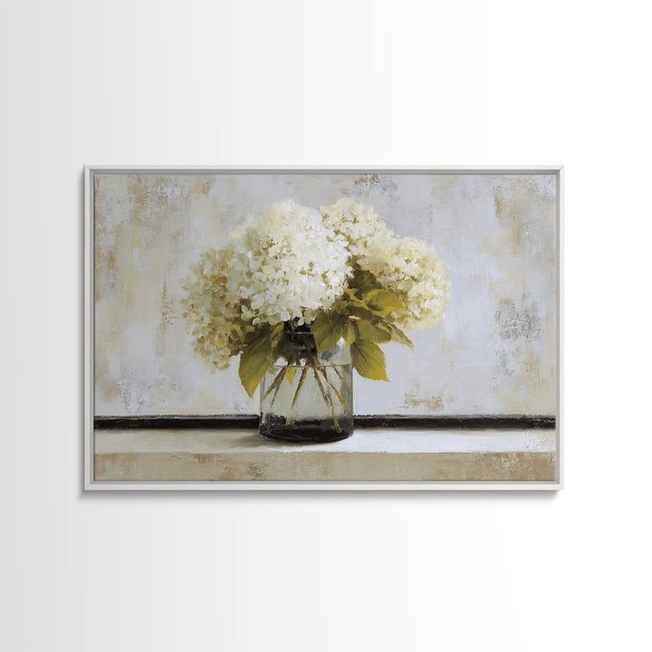 Sunlit Hydrangeas on a Windowsill Framed Canvas Print, Bed and Breakfast Art, Wood Wall Art, Living Room Decor, Fine Art, BAB-3x2-14