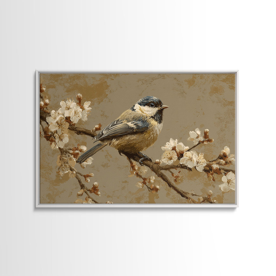 Small Bird on a Flowering Branch Framed Canvas Print, Bed and Breakfast Art, Printable Art, Living Room Decor, Watercolor Art, BAB-3x2-18