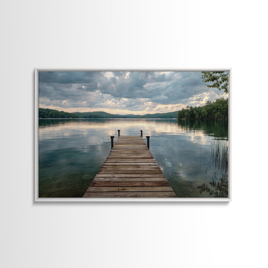 Quiet Lake Dock at Early Morning Framed Canvas Print, Bed and Breakfast Art, Canvas Wall Art, Living Room Decor, Fine Art, BAB-3x2-2
