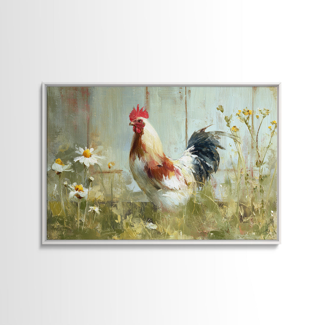 Rooster and Wildflower Country Portrait Canvas Print, Bed and Breakfast Art, Coffee Wall Art, Living Room Decor, BAB-3x2-23