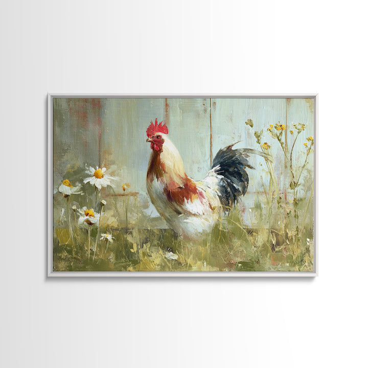Rooster and Wildflower Country Portrait Canvas Print, Bed and Breakfast Art, Coffee Wall Art, Living Room Decor, BAB-3x2-23
