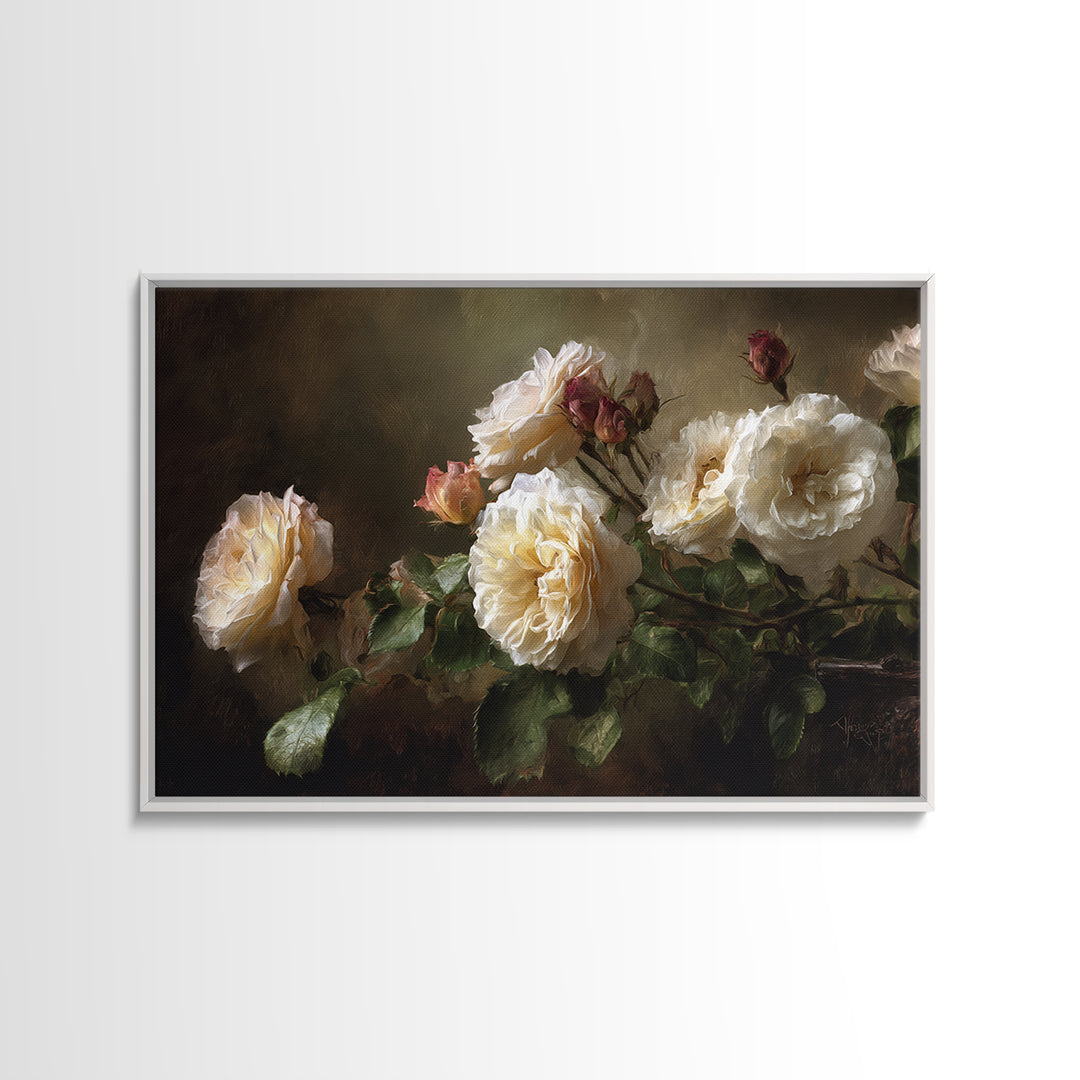 Garden Roses in Romantic Oil Paint Framed Canvas Print, Bed and Breakfast Art, Bedroom Prints, Living Room Decor, Fine Art, BAB-3x2-25
