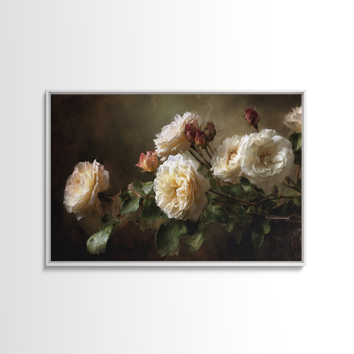 Garden Roses in Romantic Oil Paint Framed Canvas Print, Bed and Breakfast Art, Bedroom Prints, Living Room Decor, Fine Art, BAB-3x2-25