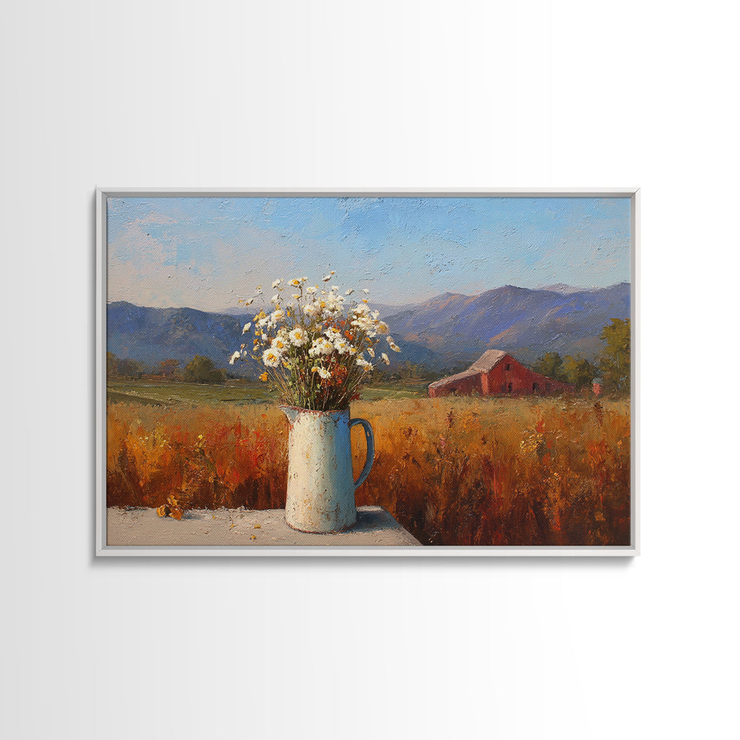 Country Wildflowers in a Chipped Ceramic Pitcher Canvas Print, Bed and Breakfast Art, Modern Decor, Living Room Decor, BAB-3x2-29