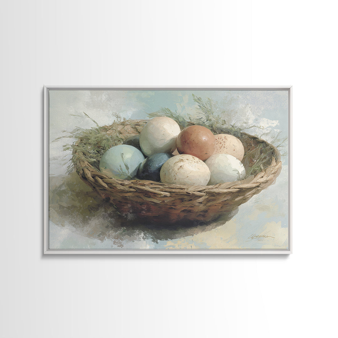 Fresh Eggs in a Woven Basket with Canvas Print, Bed and Breakfast Art, Coffee Art, Living Room Decor, Watercolor Art, BAB-3x2-34