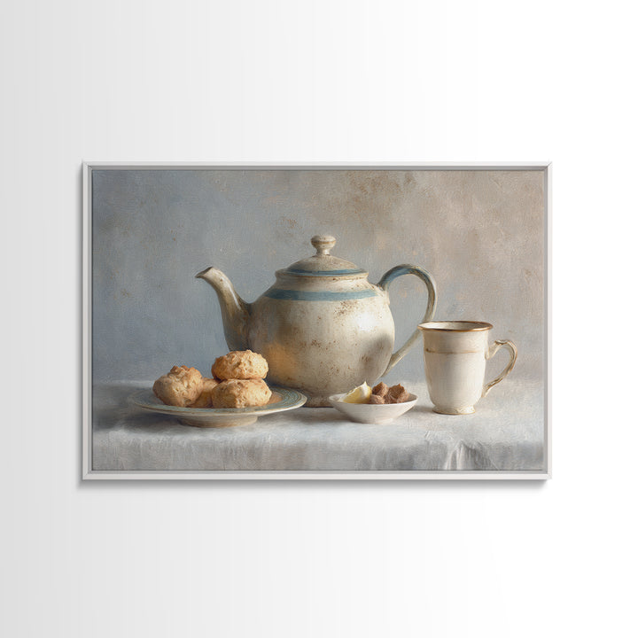 Porcelain Teapot and Scones Framed Canvas Print, Bed and Breakfast Art, Bedroom Art, Living Room Decor, Oil Painting, BAB-3x2-40