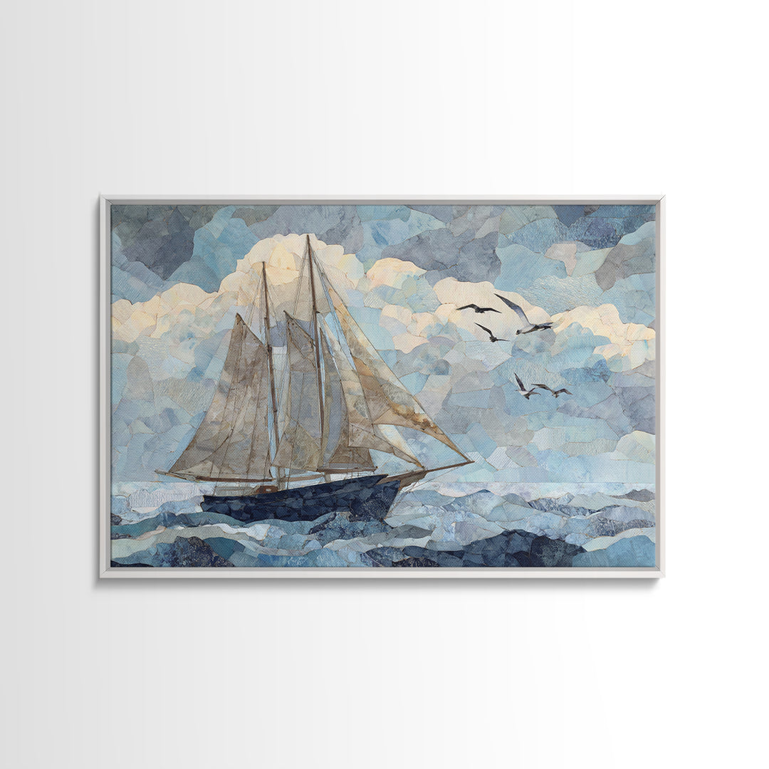 Coastal Inn Sailboat at Sunrise Framed Canvas Print, Bed and Breakfast Art, Gallery Decor, Living Room Decor, Fine Art, BAB-3x2-45