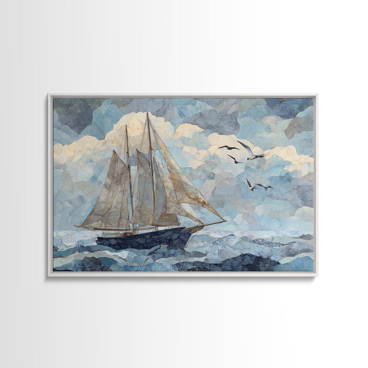 Coastal Inn Sailboat at Sunrise Framed Canvas Print, Bed and Breakfast Art, Gallery Decor, Living Room Decor, Fine Art, BAB-3x2-45