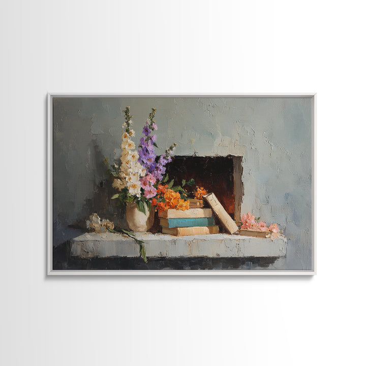 Warm Fireplace Still Life Framed Canvas Print, Bed and Breakfast Art, Bedroom Wall Decor, Living Room Decor, Fine Art, BAB-3x2-46