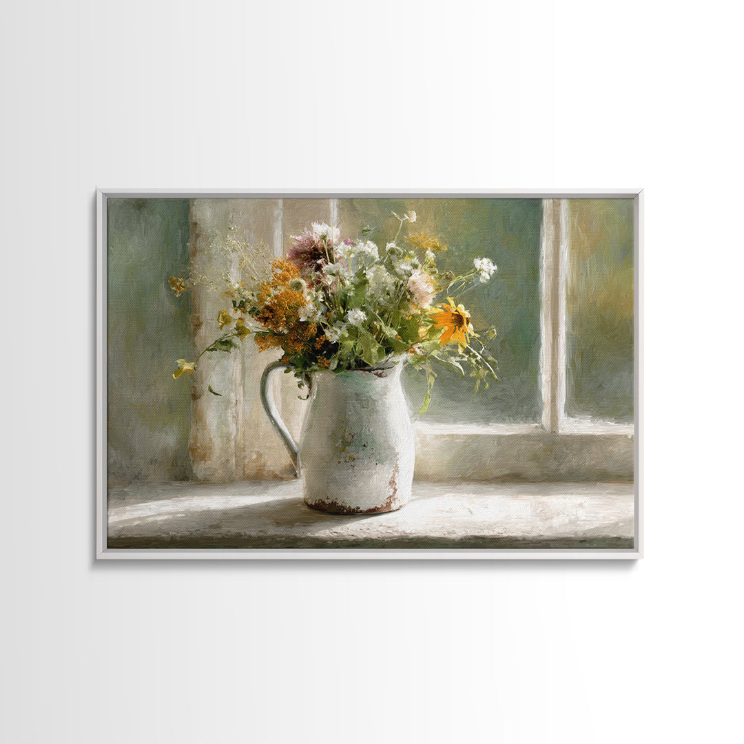 Country Wildflowers in a Chipped Ceramic Pitcher Canvas Print, Bed and Breakfast Art, Coffee Wall Art, Living Room Decor, BAB-3x2-5