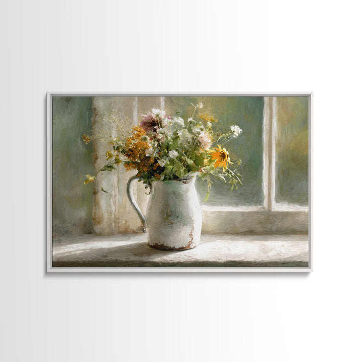 Country Wildflowers in a Chipped Ceramic Pitcher Canvas Print, Bed and Breakfast Art, Coffee Wall Art, Living Room Decor, BAB-3x2-5