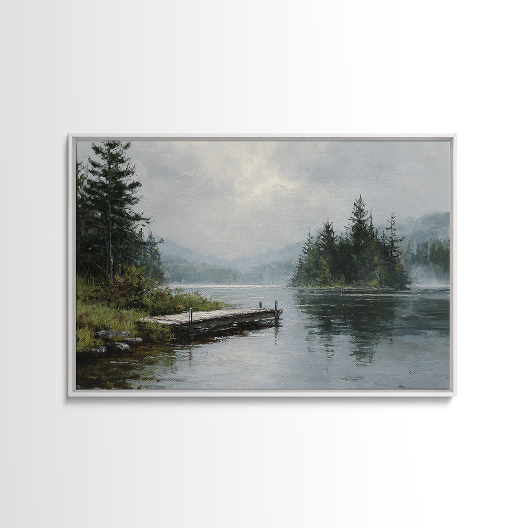 Quiet Lake Dock at Early Morning Framed Canvas Print, Bed and Breakfast Art, Farmhouse Wall Decor, Living Room Decor, Fine Art, BAB-3x2-50