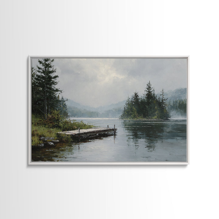 Quiet Lake Dock at Early Morning Framed Canvas Print, Bed and Breakfast Art, Farmhouse Wall Decor, Living Room Decor, Fine Art, BAB-3x2-50