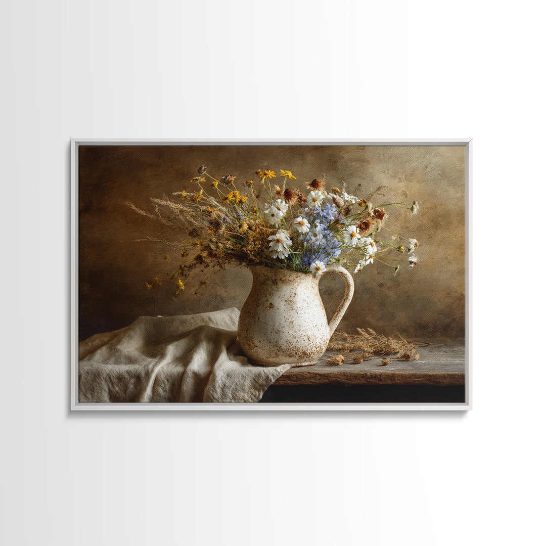 Country Wildflowers in a Chipped Ceramic Pitcher Canvas Print, Bed and Breakfast Art, Modern Decor, Living Room Decor, BAB-3x2-53