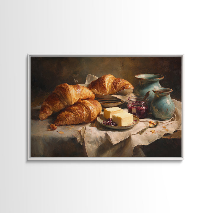 Fresh Croissants and Jam on a Linen Canvas Print, Bed and Breakfast Art, Above Bed Decor, Living Room Decor, Fine Art, BAB-3x2-54