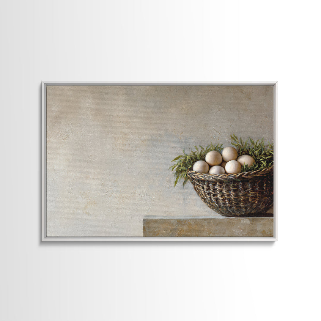 Fresh Eggs in a Woven Basket with Canvas Print, Bed and Breakfast Art, Coffee Art, Living Room Decor, Watercolor Art, BAB-3x2-58