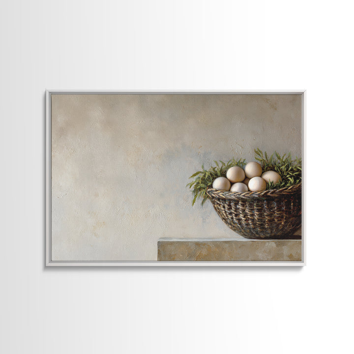 Fresh Eggs in a Woven Basket with Canvas Print, Bed and Breakfast Art, Coffee Art, Living Room Decor, Watercolor Art, BAB-3x2-58